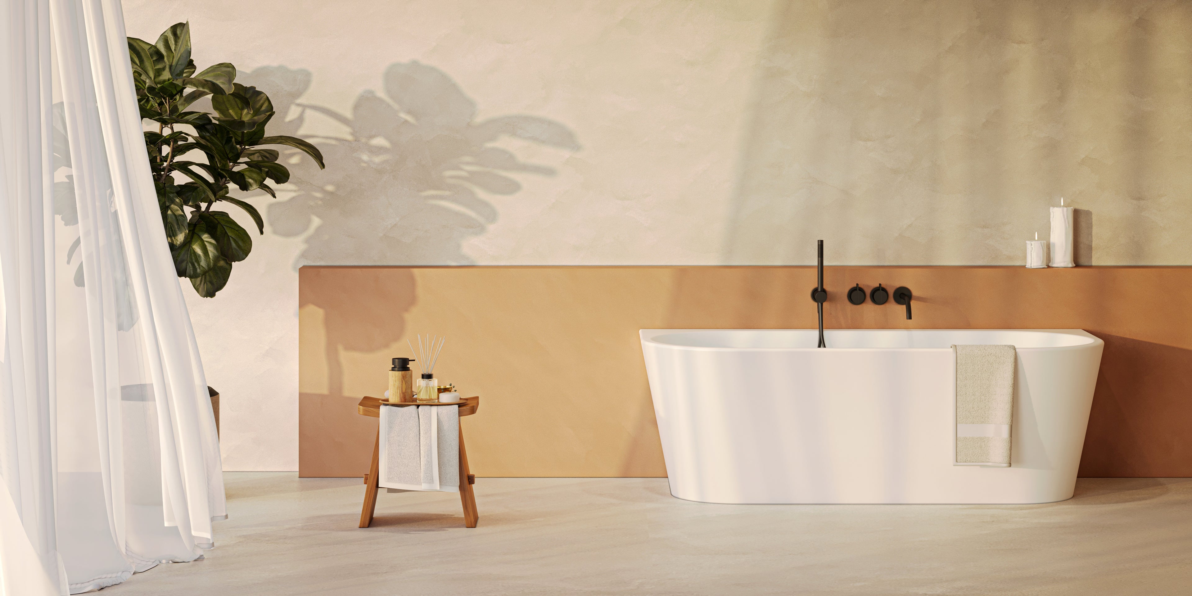Bañera semi-exenta PALOMA blanca en baño mediterráneo de estilo elegante