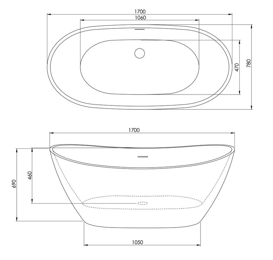 Technical drawing with the dimensions of Freestanding bathtub AZUL white - 170x80cm