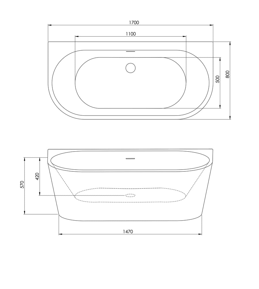 Technical drawing with the dimensions of Semi-freestanding bathtub PALOMA white - 170x80cm