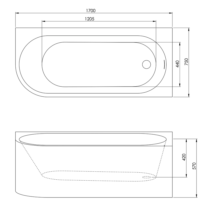 Technical drawing with the dimensions of Semi-freestanding bathtub AQUA right white - 170x75cm