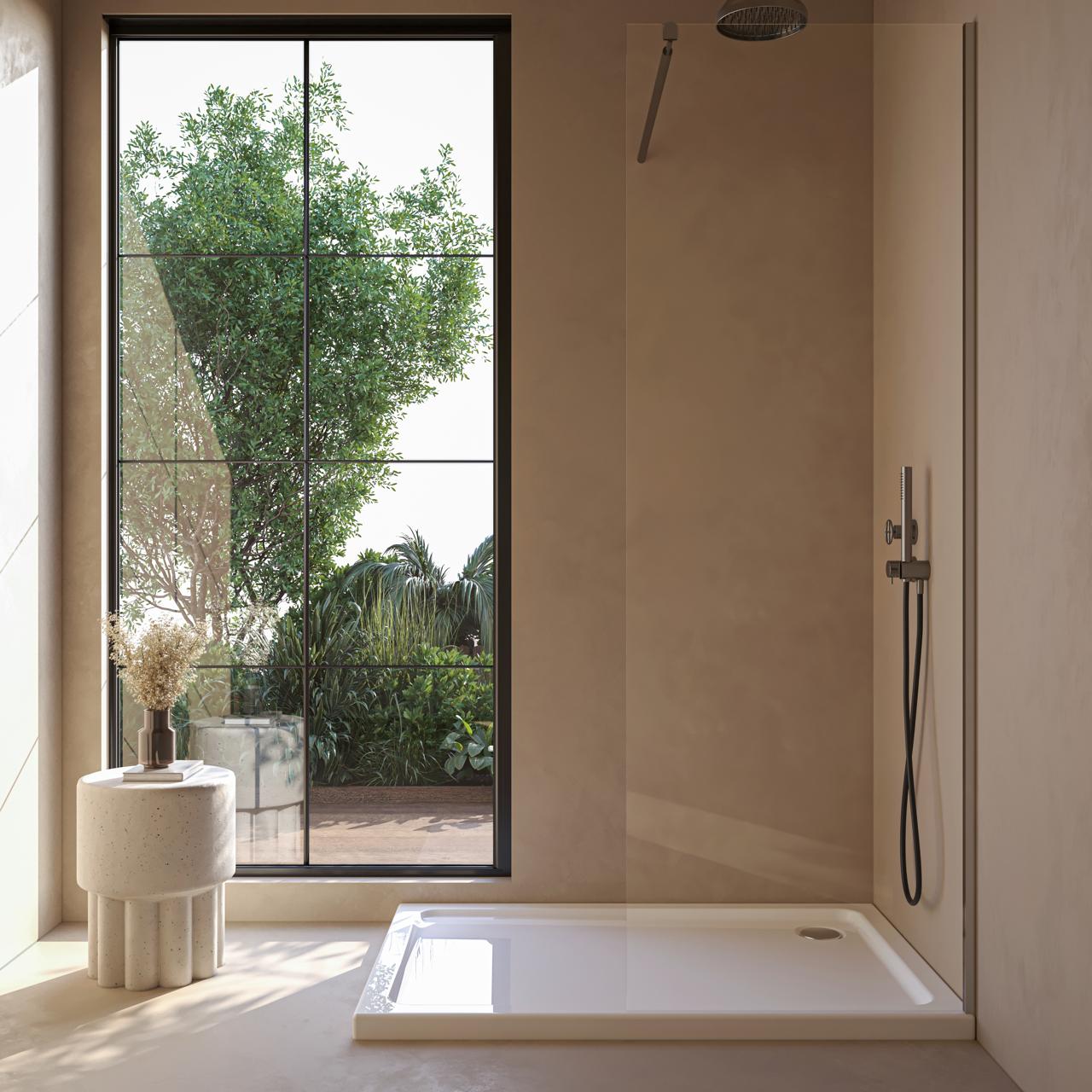 Mampara de ducha fija 120x200 ambientada en baño de estilo mediterráneo