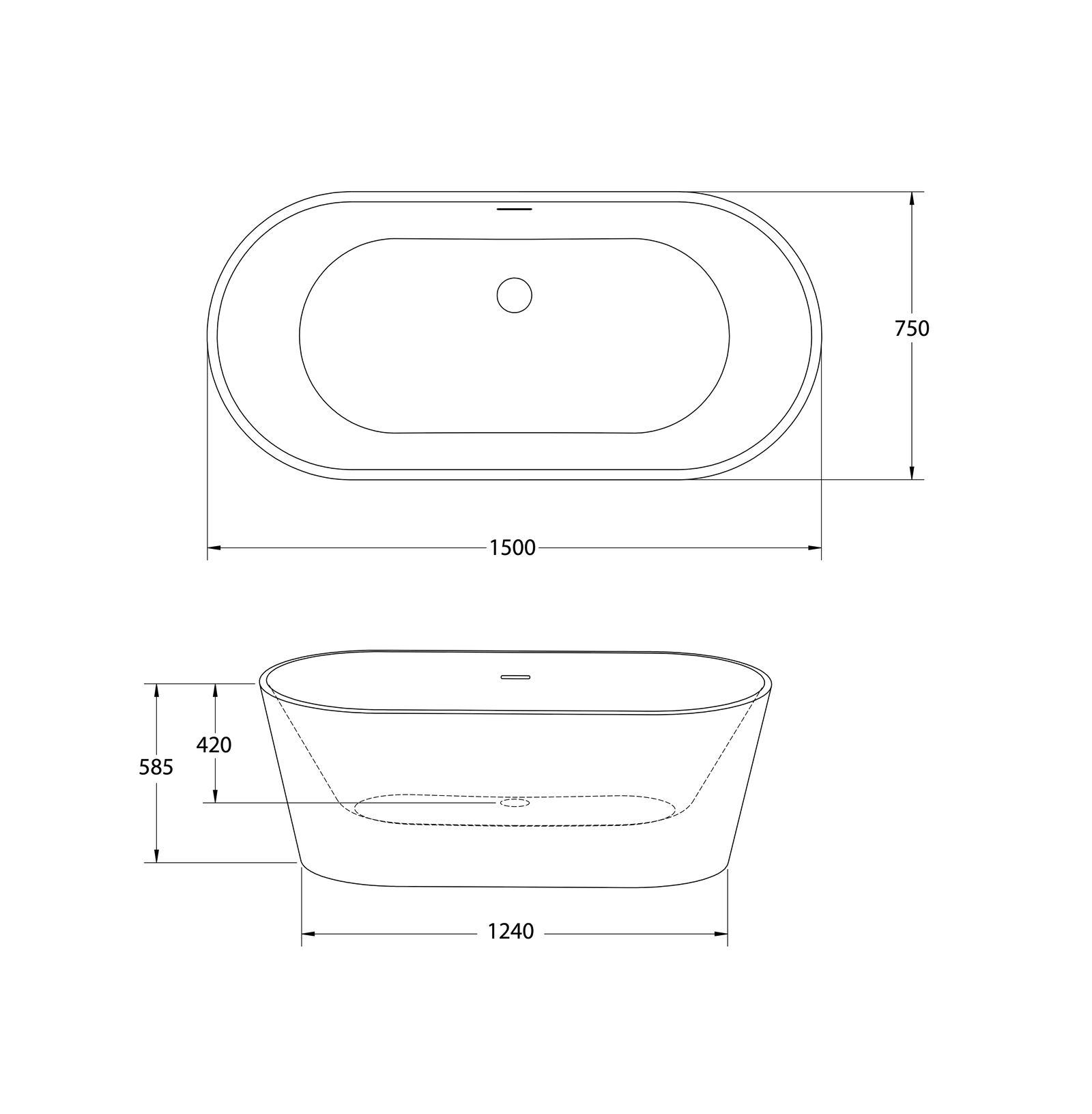 Plano técnico con cotas de la bañera exenta HUDSON 150×75 cm