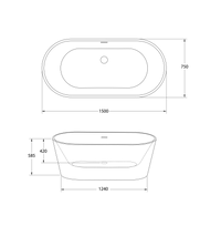 Plano técnico con cotas de la bañera exenta HUDSON 150×75 cm